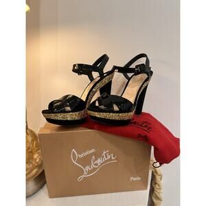 CHRISTIAN LOUBOUTIN Black Patent Leather/Suede La Falaise Glitter Heel Sandal